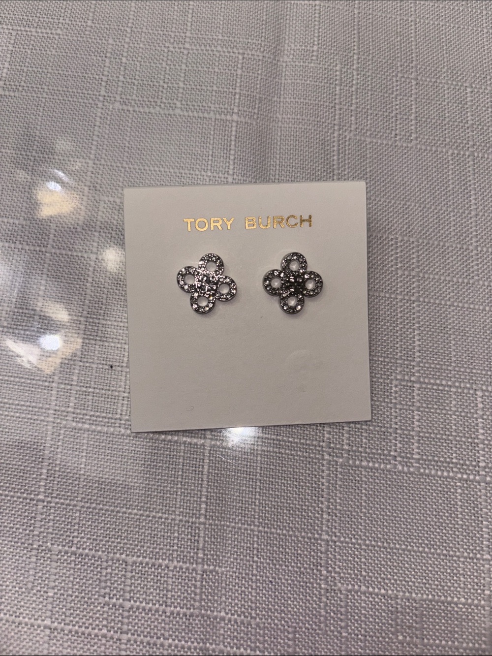 Tory Burch Silver Crystal Clover Stud Earrings - Sparkling Logo Motif
